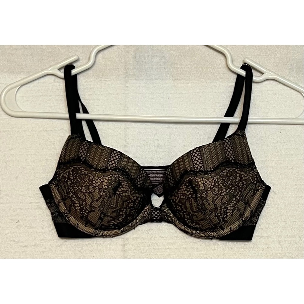 Victoria's Secret Very Sexy Push Up Bra 32B Black Beige Lace Mesh Underwire